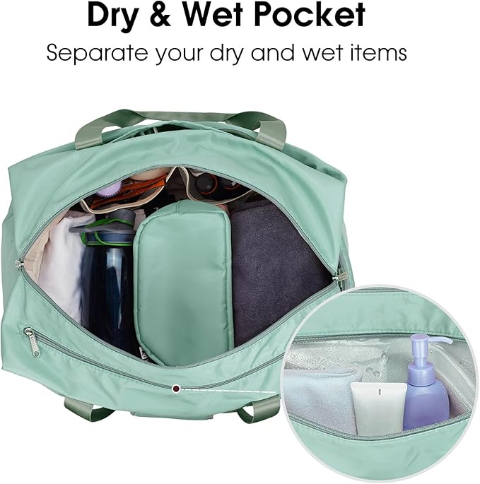 Ceneda 20" Gym Duffel Bag with Wet Pocket Shoes Compartment Portable Overnight Weekender Bag Travel bag Yoga Bag for Women (Mint Green)