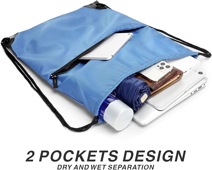 BuyAgain Drawstring Backpack Sports Water Resistant String Bag Sport Gym Sackpack for Women Men Large with Zipper, Baby Blue