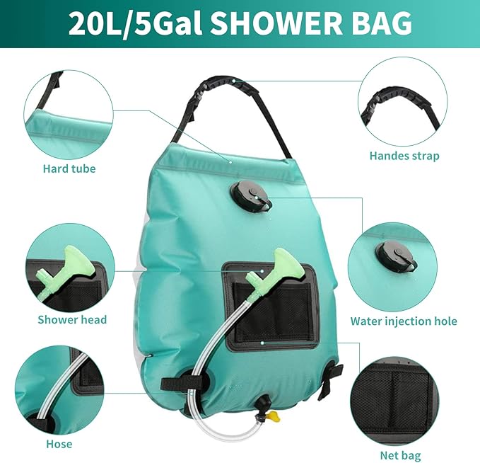 Solar Shower Bag, Solar Heating Camping Shower Bag, 5Gal(20L) Portable Camping Shower Bag, with Removable Hose and On-Off Switchable Shower Head, for Outdoor Traveling/Climbing/Hiking/Beach/Swimming