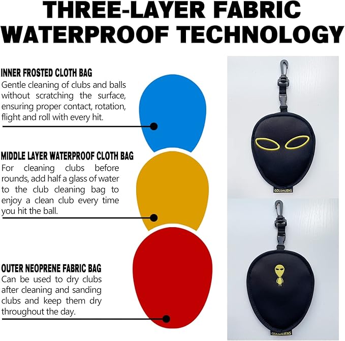 Golf Club Cleaner & Ball Cleaning Bag,Original Three-Layer Fabric Waterproof Technology,Golfer's Ultimate Green Clean Scrub Equipment Accessories,Removable Clips to Support Machine Washing