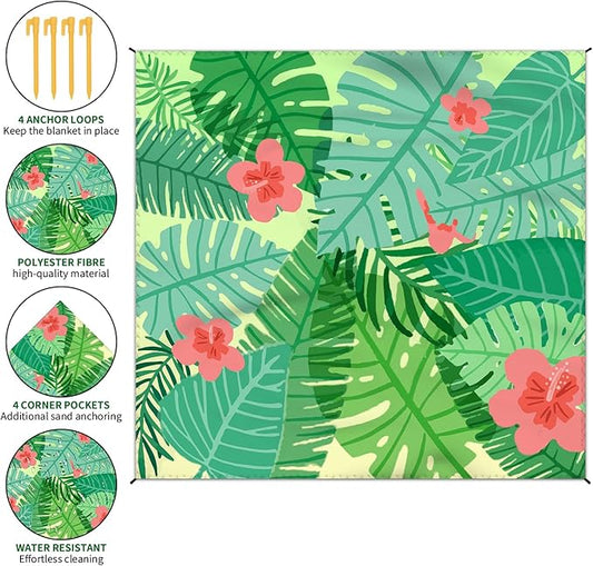 Beach Blanket Waterproof Sandproof Large Beach Mat 79" X 83" for 2-4 Adults Sand Free Mat Quick Drying,Lightweight & Durable with 4 Stakes & 4 Corner Pockets for Beach Travel Camping Hiking.(Green)