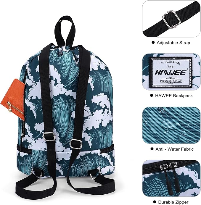 Dry Wet Drawstring Backpack with Shoe Compartment for Women Adjustable Gym Bag