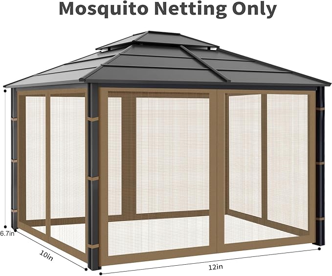 Gazebo Replacement Mosquito Netting Outdoor Universal Gazebo Canopy 4-Panels Screen Sidewalls with Zipper for Patio Garden (Brown, 10x12)