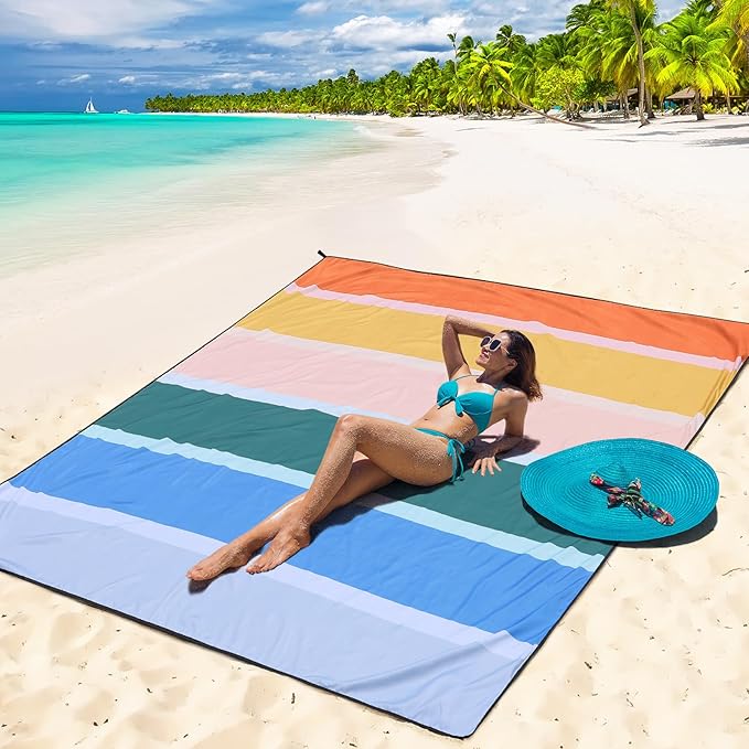 Beach Blanket Waterproof Sandproof Beach Mat 79" X 83" /10'x9'for 2-8 Adults Quick Drying Outdoor Picnic Mat Beach Accessories for Travel, Camping, Hiking