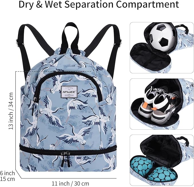 Dry Wet Drawstring Backpack with Shoe Compartment for Women Adjustable Gym Bag