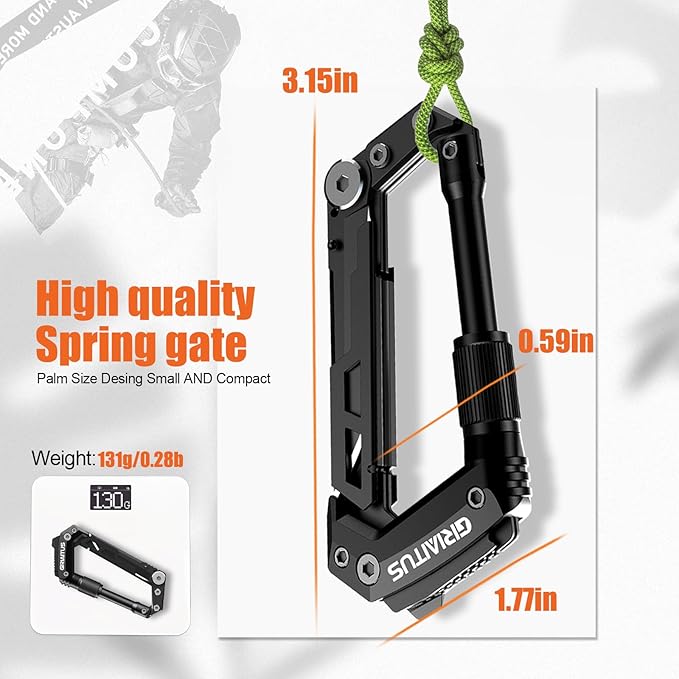 Carabiner Multitool 8-in-1 EDC Carabiners Pocket Knife, Serrated Knife, Rope Cutter, Screwdriver, Can Bottle Opener, Ruler, Survival Gear for Camping Climbing, Christmas Gifts for Men Women (Black)