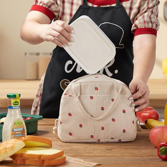 Lunch Bag, Beige Corduroy with Strawberry Pattern, Insulated Thermal Tote, Portable and Reusable Cooler for School or Work, 8.5L