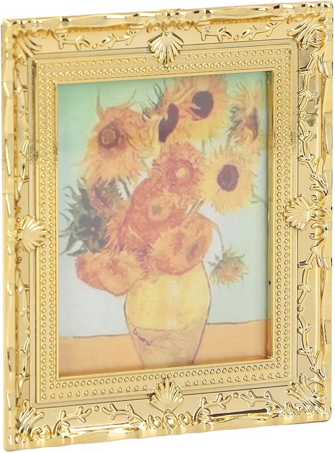 CHICIRIS Miniatures Art Painting, Gold Frame Miniatures Oil Painting Beautiful for Kids for Dollhouse Decoration (Sunflower Shape)