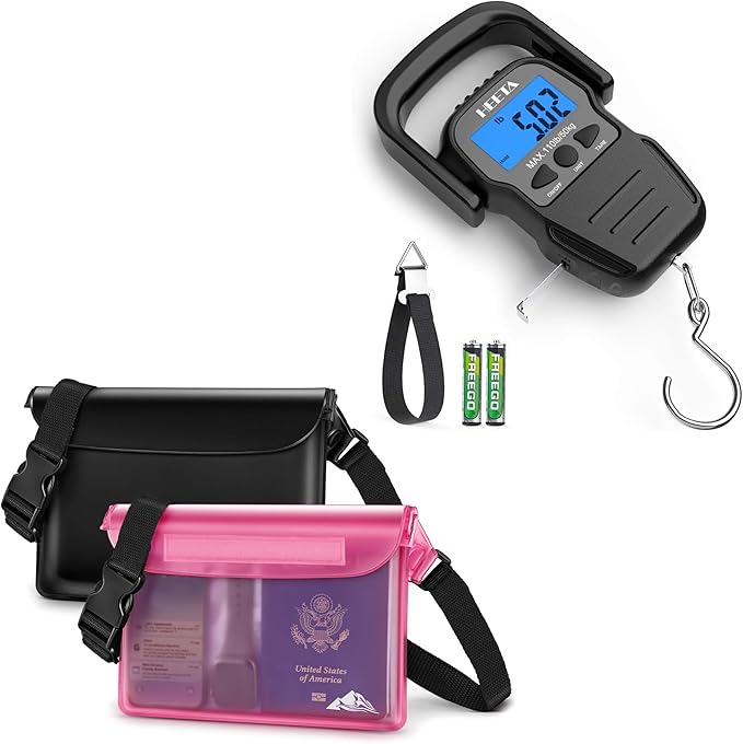 HEETA Waterproof Pouch Screen-Touch Sensitive Waterproof Dry Bag with Adjustable Waist Strap Bundled with Fish Scale with LCD Display, Digital Portable Hanging Scale Luggage Scale with Measuring Tape