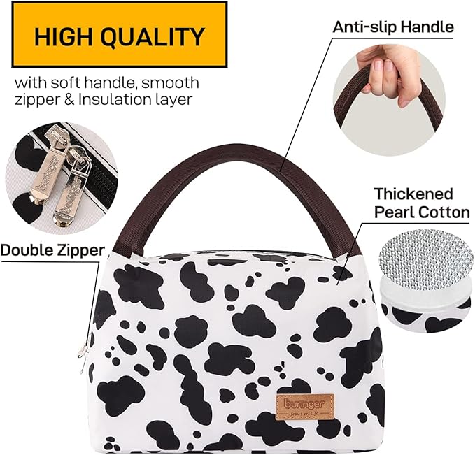 Buringer Insulated Lunch Bag Lunch Box for Women Men Adult Lunch Tote for Work Picnic Travel (Cow Print)