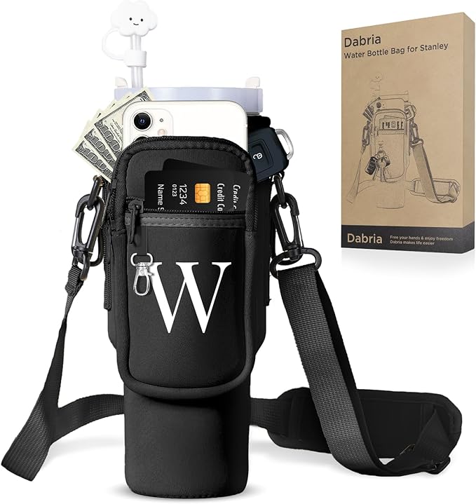 dabria Initial A-Z Water Bottle Bag with Phone Pocket for Stanley 40 oz Tumbler Neoprene Water Bottle Holder Pouch with Adjustable Strap Bollus with Straw Cover & Carabiner for Stanley Cup Accessories
