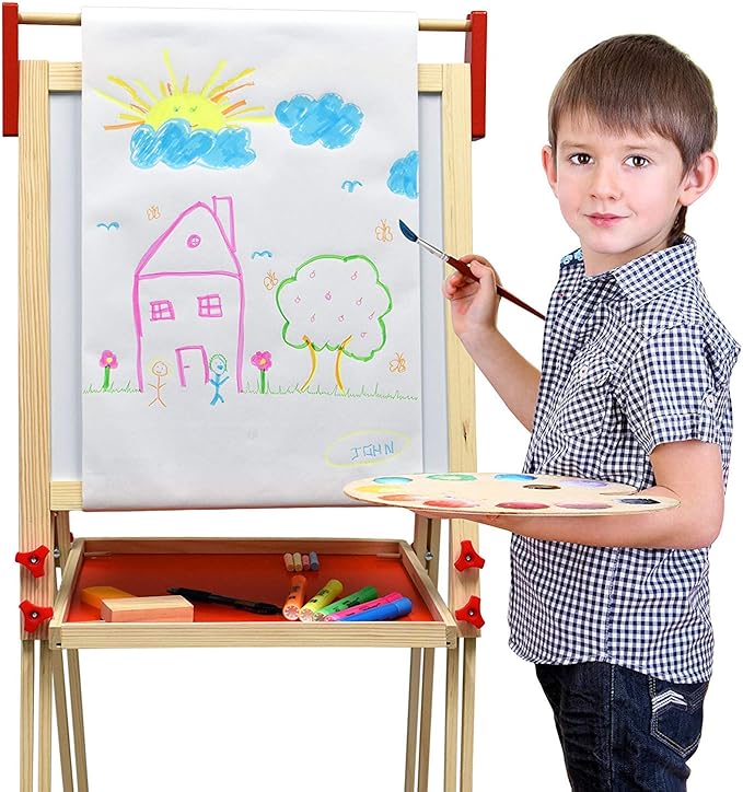 Deluxe Standing Art Easel, Dry-Erase Board Chalkboard Magnetic Whiteboard Paper Roll and Accessories, Ultimate All-in-One Wooden Kid's Art Easel