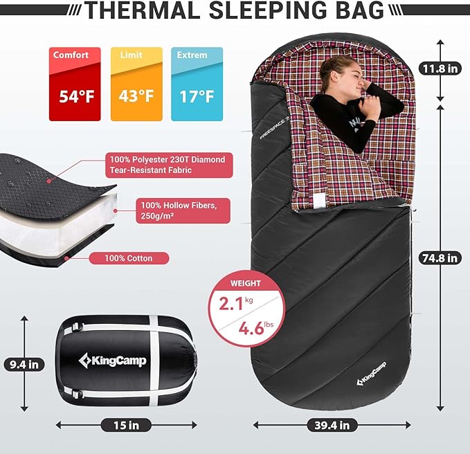 KingCamp Sleeping Bag for Adults, Cold Weather & Warm Extra Wide Big & Tall XL Portable Waterproof Flannel Sleeping Bags, Essentials Gear Accessories for Camping Backpacking Hiking Indoor & Outdoor
