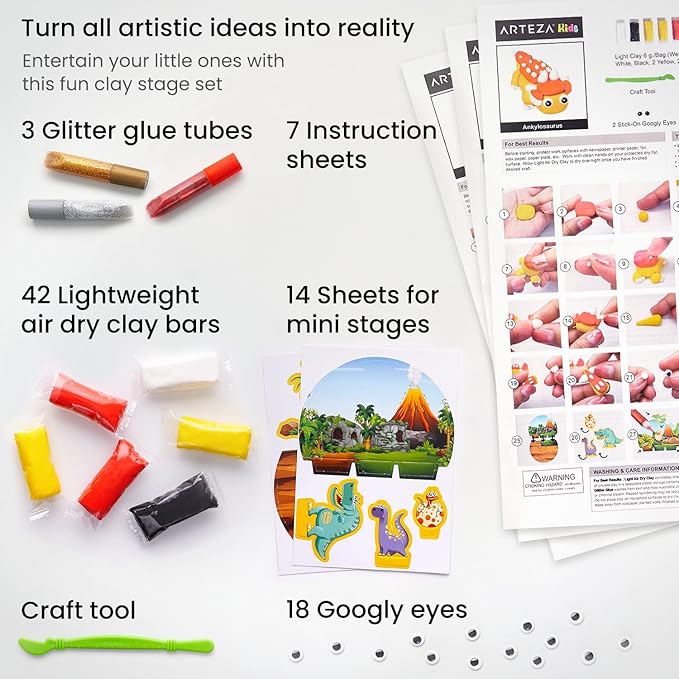 ARTEZA Kids Air Dry Clay, 42 Bars, Dinosaur Modeling Clay Kit, 14 Mini-Stages, 14 Googly Eyes, 3 Glitter Glues, 1 Craft Tool, 7 Instruction Sheets