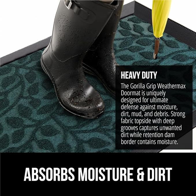 GORILLA GRIP 100% Waterproof All-Season WeatherMax Doormat, 47x35, Durable Natural Rubber, Stain and Fade Resistant, Low Profile, Indoor Outdoor Door Mats, Easy Clean Entry Mat, Moss Vine Leaves