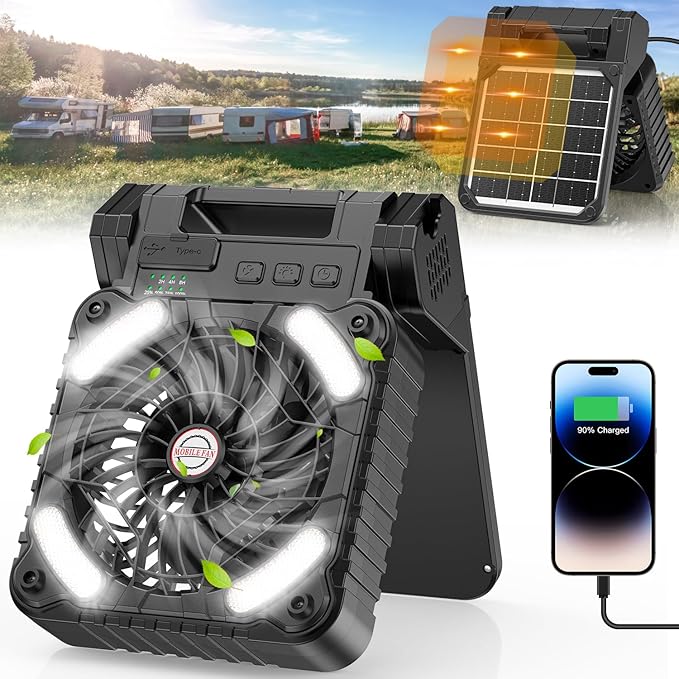 Solar Powered Fan for Camping, 10400mAh Rechargeable Battery Operated Portable Fan with LED Lantern, 4 Speeds Powerful Wind and 3 Timer Table Fan, for Picnic, Hurricane, Fishing, (Black)