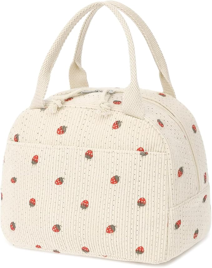 Lunch Bag, Beige Corduroy with Strawberry Pattern, Insulated Thermal Tote, Portable and Reusable Cooler for School or Work, 8.5L