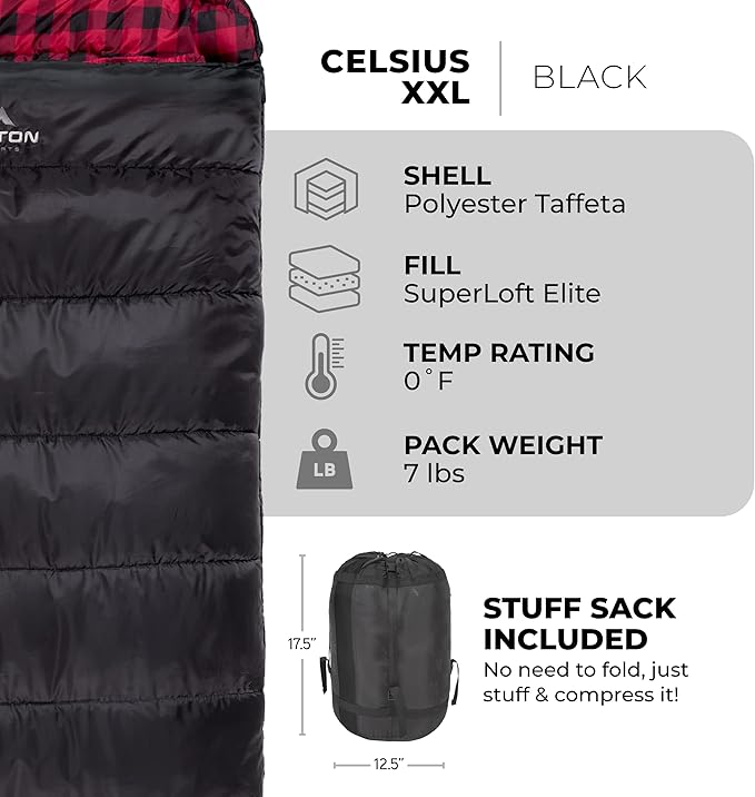 Teton Celsius XXL Sleeping Bag, Cold Weather Sleeping Bags for Adults and Kids, Camping Made Easy and Warm. Compression Sack Included, 35F, 25F, 0F, 20F Degree