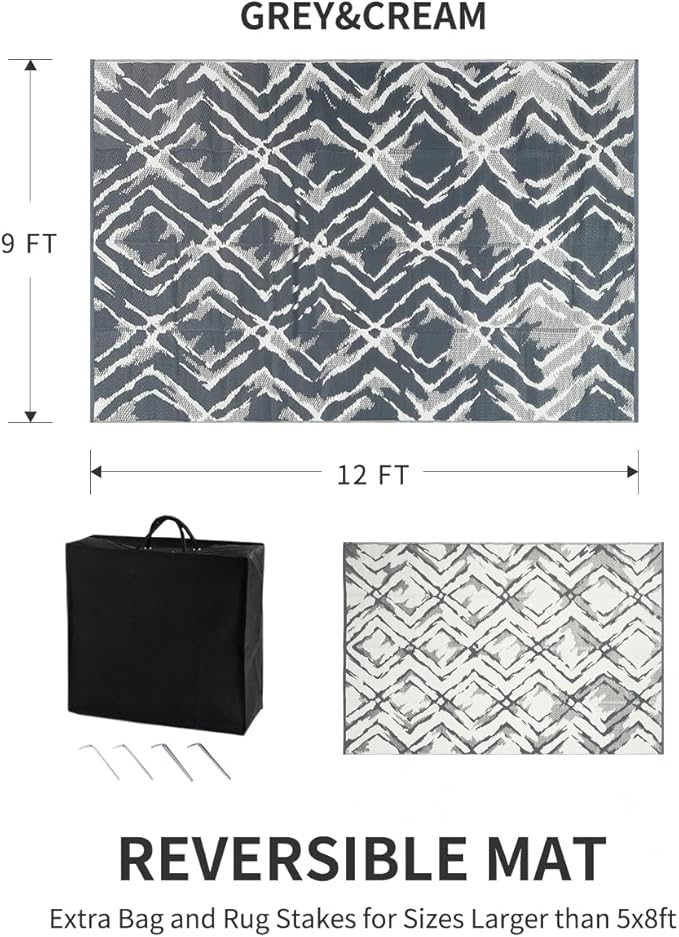 MontVoo Outdoor Rug Waterproof-Patio Rug Mat 9x12 Outdoor Carpet Reversible RV Camping Picnic Plastic Straw Rug Outside Outdoor Area Rug for Balcony Deck Backyard Patio Decor Modern Abstract