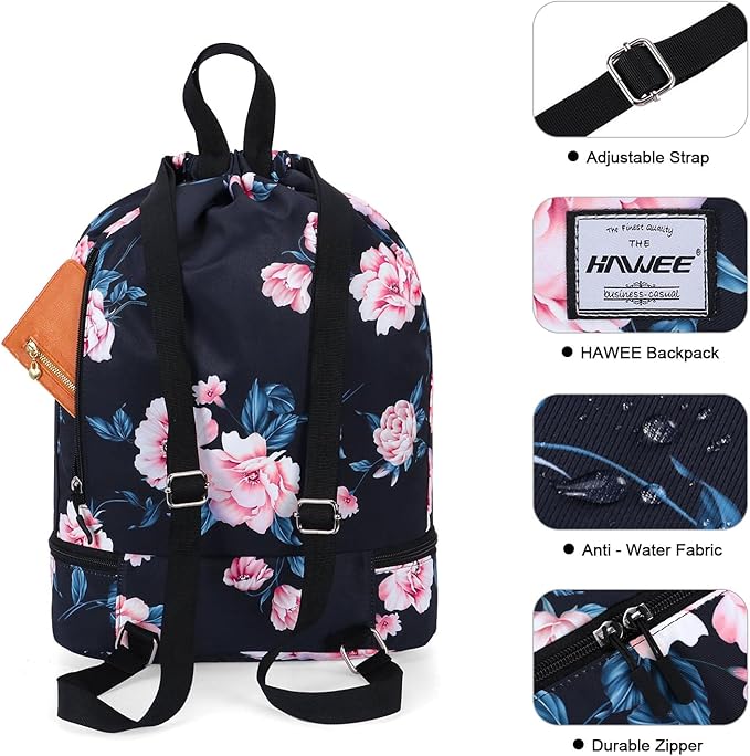 Dry Wet Drawstring Backpack with Shoe Compartment for Women Adjustable Gym Bag