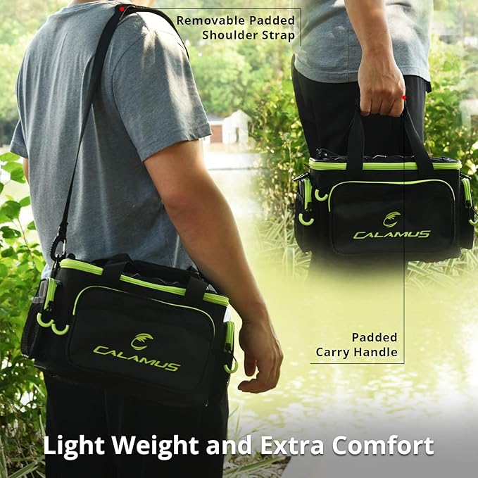 Calamus Fishing Tackle Bags - Saltwater or Freshwater Fishing Bags - Rip-Stop PE - Padded Shoulder Strap - Pliers Storage - Green