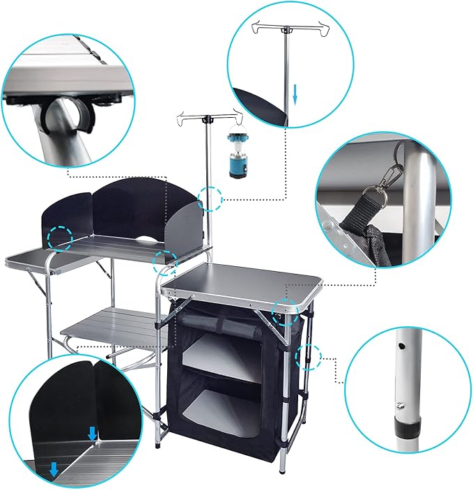 CampLand Folding Cooking Table Outdoor Portable Cook Station Aluminum Camping Kitchen with Storage Organizer (Black)