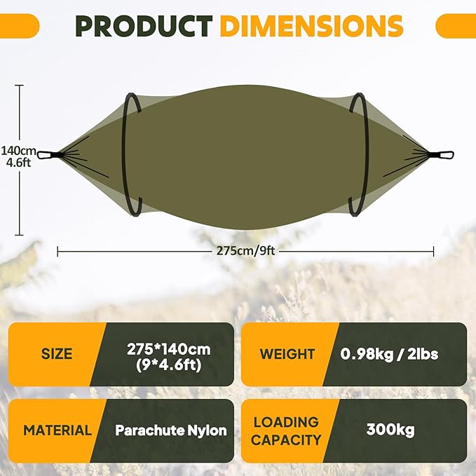 Chihee Ultra-Light Travel Camping Hammock Pop-up Net Hammock 660lbs Load Capacity,Breathable,Quick-Drying Parachute Nylon 2 Premium Carabiners,2 Tree Slings Included for Outdoor Backpacking Hiking