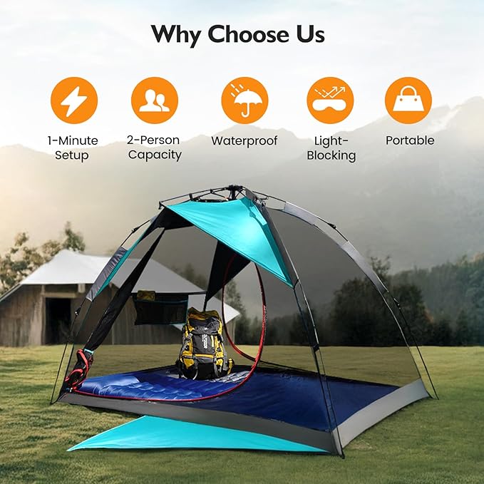 Camping Tent 2 Person, Waterproof & Blackout Double Layer Pop Up Outdoor Tent for Park, Picnic, Travel, Portable and Easy Setup