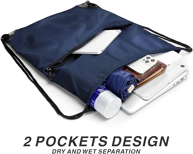 BuyAgain Drawstring Backpack Sports Water Resistant String Bag Sport Gym Sackpack for Women Men Large with Zipper, Navy