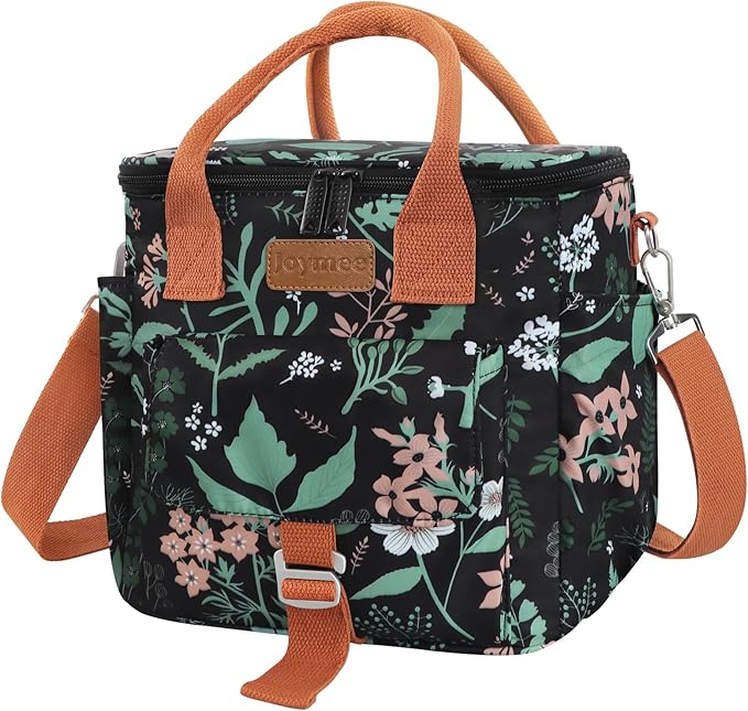Joymee Large Insulated Lunch Bag for Women Adults, Reusable Waterproof Lunch Box for Work Picnic Camping, Small Lunch Cooler Leakproof Tote with Side Pocket Adjustable Shoulder Strap - Green Leaf