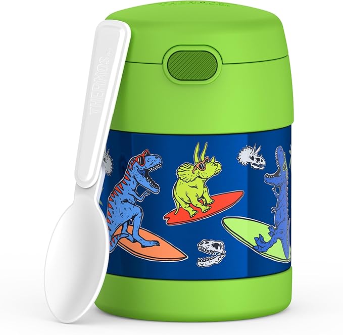 THERMOS FUNTAINER Insulated Food Jar, 10 Ounce, Kid Friendly Food Jar with Foldable Spoon, Daring Dinos