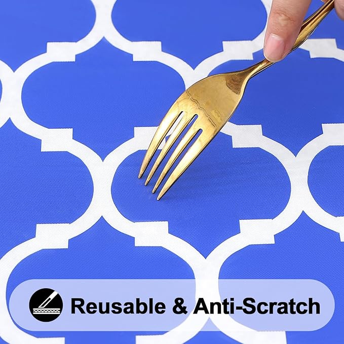 Smiry Rectangle Picnic Table Cover, Waterproof Elastic Fitted Camping Tablecloths for 8 Foot Tables, Wipeable Flannel Backed Vinyl Tablecloth Protector for Indoor, Outdoor (Blue, 36x96 Inches)