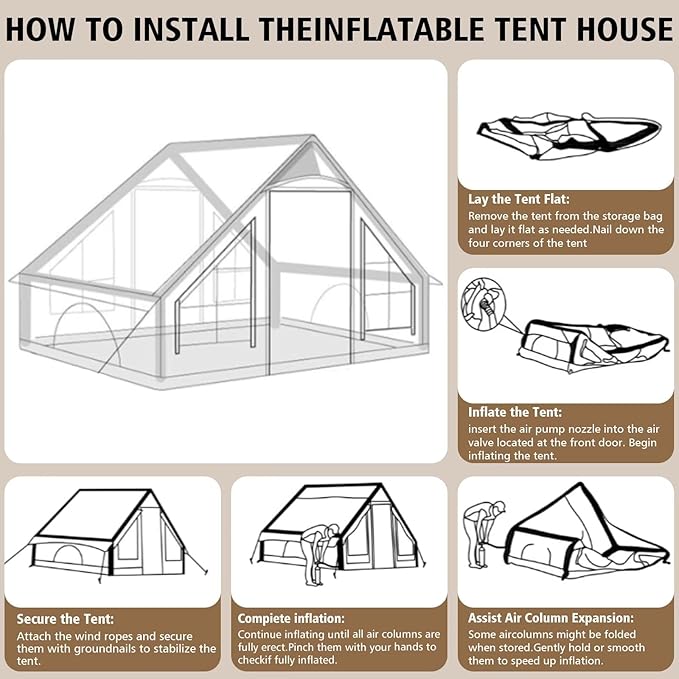 Inflatable Camping Tent with Pump, Upgraded Waterproof Windproof Glamping Blow Up Tent, Easy Setup 4 Season Air Cabin House with Mesh Windows & Door,4-6 Persons