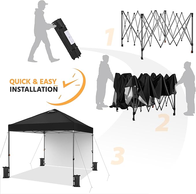 Yaheetech 10x10 Pop up Canopy Tent w/1 Sidewall, Instant Commercial 150D Silver Coated Fabric Outdoor Instant Tent w/Wheeled Bag, 4 Sandbags, 8 Stakes & 4 Ropes for Parties, Camping, Beach, Black