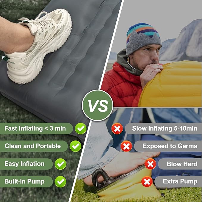 Double Sleeping Pad for Camping with Built-in Foot Pump, Extra Thick 4.7 Inch Inflatable Sleeping Pat and Pillow for Backpacking, Hiking, and Traveling