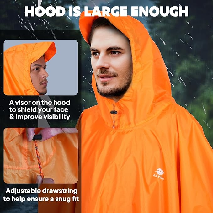 ANYOO Hooded Rain Poncho for Adults Waterproof Lightweight Rain Coat for Men Women Reusable Rain Jacket for Emergency Outdoor