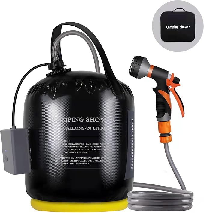 Portable Camping Shower, 5gallons/20 liters Rechargeable air Pump Outdoor Electric Camping Shower, 8 Spray Modes, Solar Heating Black PVC airbag, Built-in Thermometer, Beach, Camping, Hiking