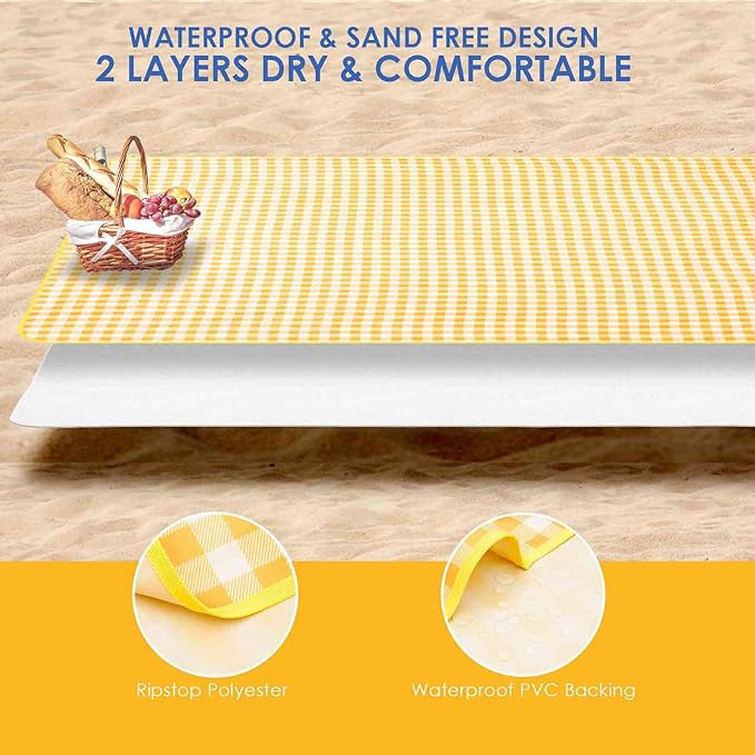 Picnic Beach Blanket Extra Large, 99x60in XL Sandproof Waterproof Outdoor Camping Blankets, Sand Free Oversized Mat, Quick Drying Portable Mats for Travel, Hiking, Music Festival, Lawn-Yellow