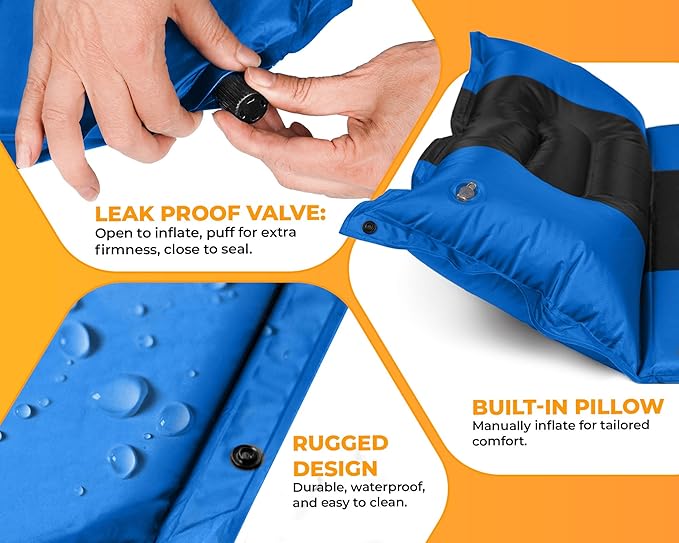 Foxelli Self Inflating Sleeping Pad for Camping, Backpacking, Hiking, Insulated Foam Lightweight Camping Mat, Inflatable Camp Mattress with Pillow
