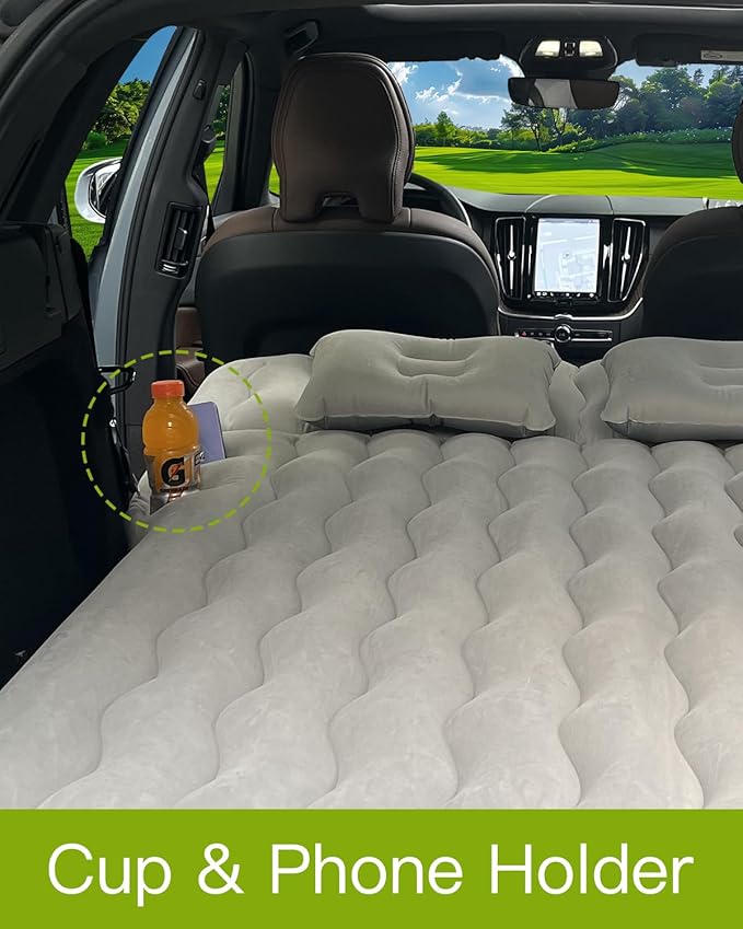 SUV Air Mattress, Inflatable Car Mattress Bottle and Phone Holder Thickened Flocking & PVC Surface Car Bed with Electric Air Pump Travel Mattress for Car Camping Road Trip (Grey)