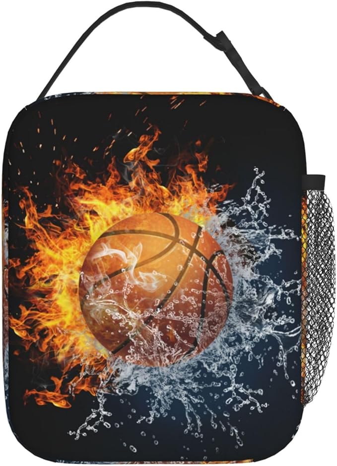 Fire And Water Basketball Portable Lunch Box, Cooler Bags Insulated Thermal Lunch Tote Bag with Shoulder Strap For Women Men Adults Work Travel