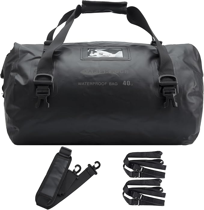 40L Waterproof Motorcycle Duffel Bag - Motorcycle Luggage Tail Bag with Straps for Back Seat - Roll Top Dry Bag for Kayaking, Rafting, Boating, Camping, Travel, Beach (Black)