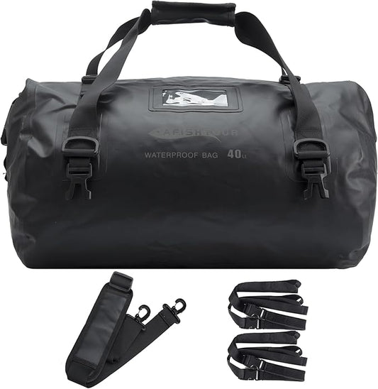 40L Waterproof Motorcycle Duffel Bag - Motorcycle Luggage Tail Bag with Straps for Back Seat - Roll Top Dry Bag for Kayaking, Rafting, Boating, Camping, Travel, Beach (Black)