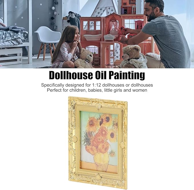 CHICIRIS Miniatures Art Painting, Gold Frame Miniatures Oil Painting Beautiful for Kids for Dollhouse Decoration (Sunflower Shape)