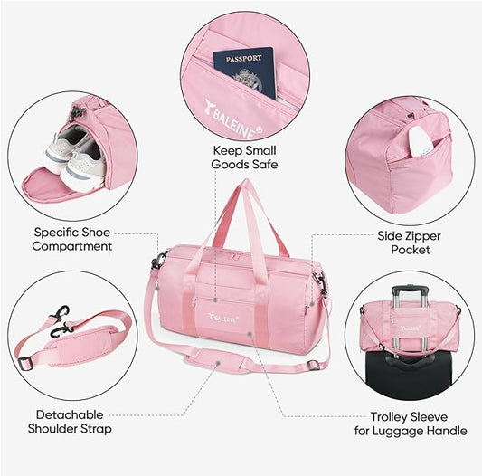 BALEINE Gym Bag for Women and Men, Small Duffel Bag for Sports, Gyms and Weekend Getaway, Waterproof Dufflebag with Shoe and Wet Clothes Compartments, Lightweight Carryon Gymbag (Pink)