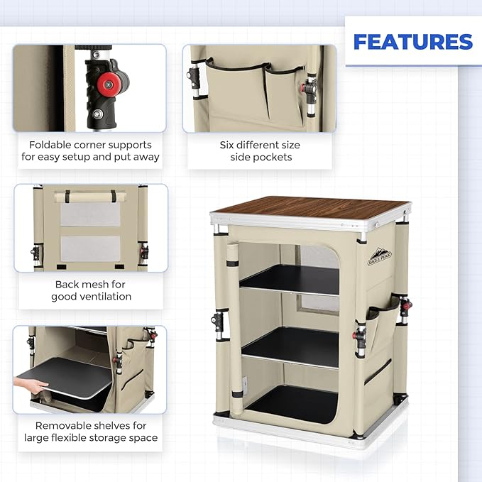 EAGLE PEAK Outdoor Folding Camping Table with Large 3-Tier Storage Organizer and Side Pockets, Easy Set Up Portable Aluminum Camping Kitchen, Beige