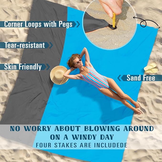 Beach Blanket Sandproof Waterproof 78''×81''1-5 Adults Oversized,Compact Lightweight Durable Beach Mat for Travel Camping Hiking Picnic Blanket