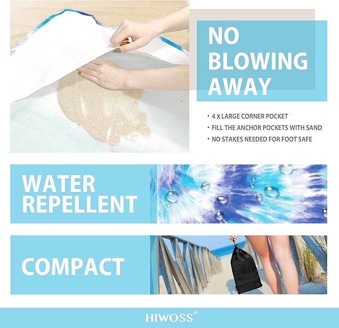 Beach Blanket Waterproof Sandproof Oversized 95”x 80”,Sand Free Beach Mat with Corner Pockets,Portable Mesh Bag for Beach Festival,Picnic,Travel and Outdoor Camping (Blue)