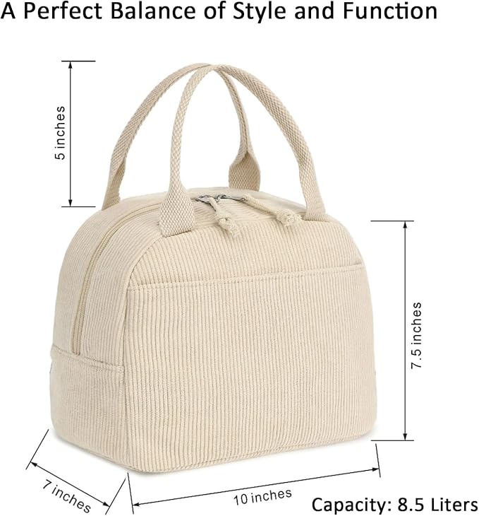 Corduroy Lunch Tote Bag, Pure Beige, Insulated Thermal Cooler, Portable and Large Capacity for Office, School, or Picnic, 8.5L