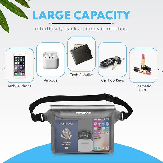 2-Pack Waterproof Fanny Pack, Phone Pouch with Waist Strap, 9x6.7 Inch Dry Bag for Phone, Cash, and Valuables – for Swimming, Kayaking, Boating, Snorkeling, and Water Sports (2, Grey + White)